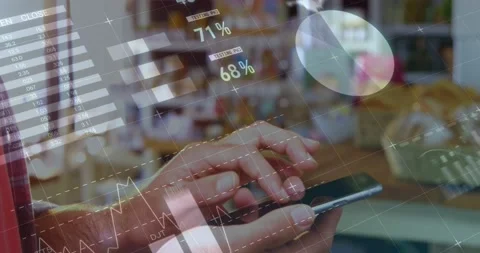 Animation of statistics and data processing over woman using smartphone 스톡 동영상 157642792