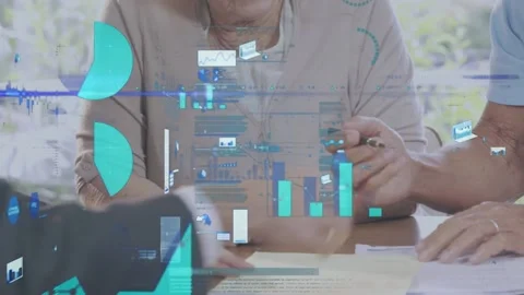 Animation of statistics and data processing over senior people singing documents Stock Footage 157680494