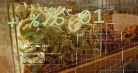 Animation of statistics and data processing over fruit in baskets in food shop Stock Footage 246410972