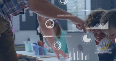 Animation of statistics and data processing over diverse schoolchildren and male Stock Footage 310221676