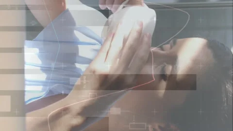 Animation of statistics and data processing over woman drinking coffee and using Stock Footage 312287505