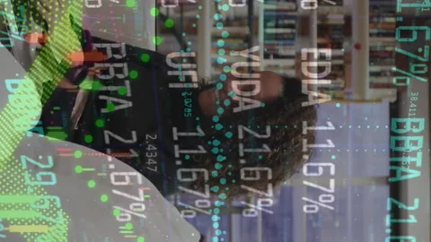 Animation of statistics and data processing over businesswoman using computer Stock Footage 314123958