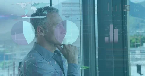 Animation of statistics and data processing over caucasian businessman thinking 库存影片 316665457