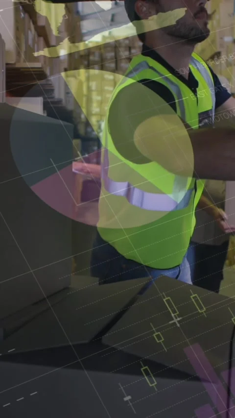 Animation of statistics and data processing over delivery man loading boxes into Stock-Footage 320160289