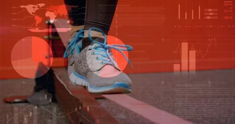 Animation of statistics and data processing over caucasian woman walking on bar Stock Footage 326763094