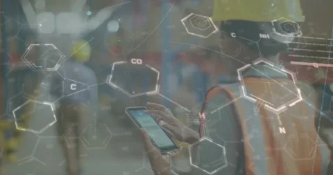 Animation of statistics and data processing over diverse people working in Stock Footage 328810978