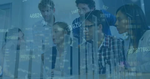 Animation of statistics and data processing over diverse business people 스톡 동영상 330248126