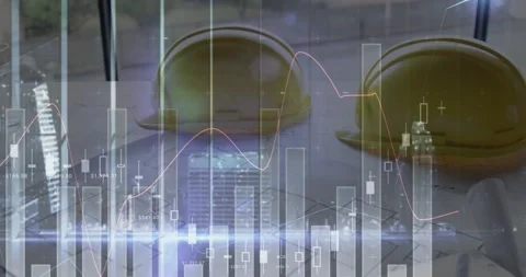 Animation of statistics and data processing over architects plans and hard hats Stock Footage 330343590