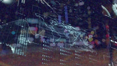 Animation of statistics and data processing over world map and out of focus Stock Footage 330728504