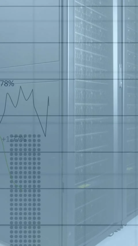 Animation of statistics and data processing over room with computer servers Stock Footage 342225573