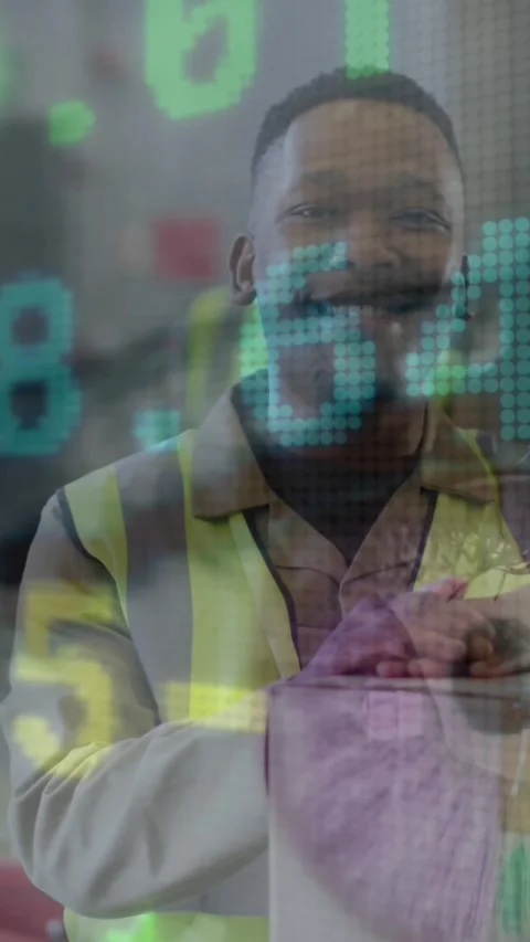 Animation of statistics and data processing over man working in warehouse Stock Footage 342704463