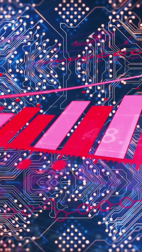 Animation of statistics and data processing over computer circuit board Stock Footage 342801724
