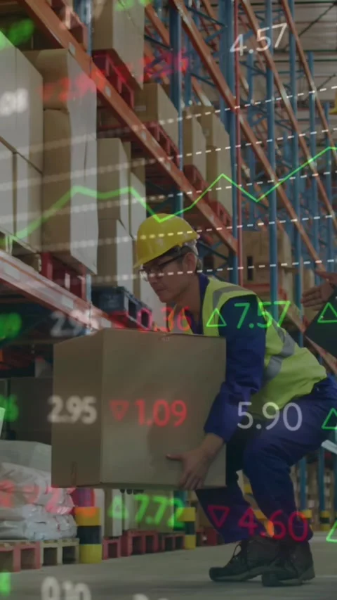 Animation of statistics and data processing over man working in warehouse Stock Footage 342802110