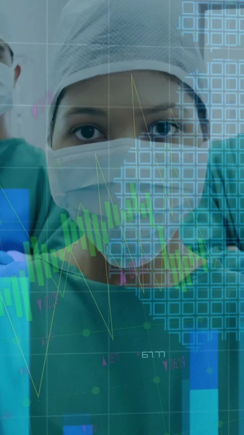 Animation of statistics and data processing over diverse surgeons Stock Footage 342806429