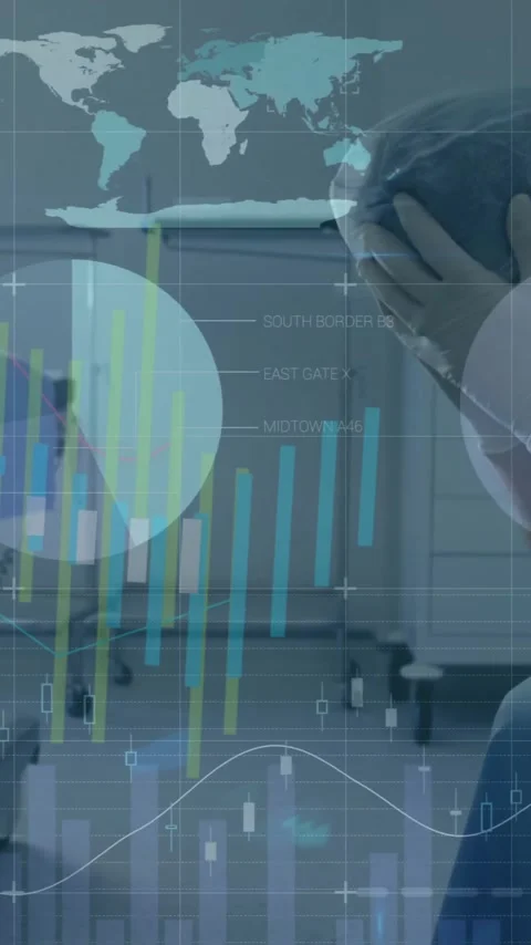 Animation of statistics and data processing over caucasian male surgeon Stock Footage 342806432