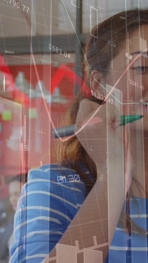Animation of statistics and data processing over woman exercising in gym Stock Footage 342811940