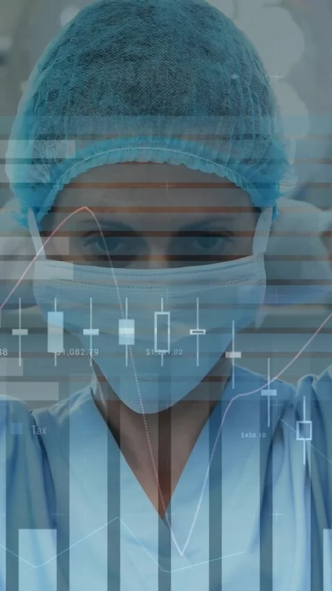 Animation of statistics and data processing over caucasian female surgeon Stock Footage 342812812