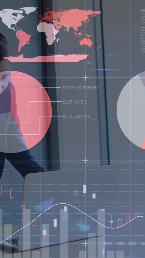 Animation of statistics and data processing over man using computer Stock Footage 342914887