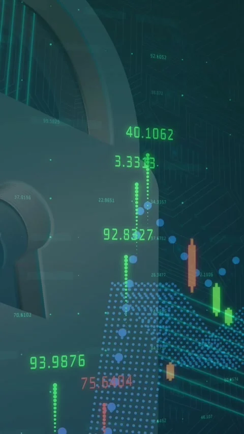 Animation of statistics and data processing over online security padlock blue Stock Footage 343158998