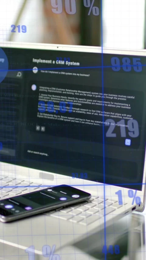 Animation of statistics and data processing over computer on desk in office Stock Footage 343713692