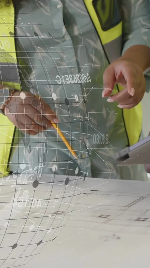 Animation of statistics and data processing over diverse architects in office Stock Footage 343713727