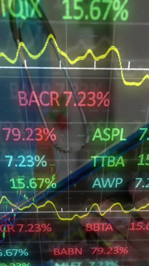Animation of statistics and data processing over midsection of caucasian male Video stock 343738803