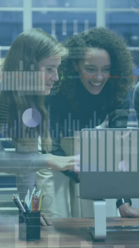Animation of statistics and data processing over business people using laptop in Stock Footage 343955520
