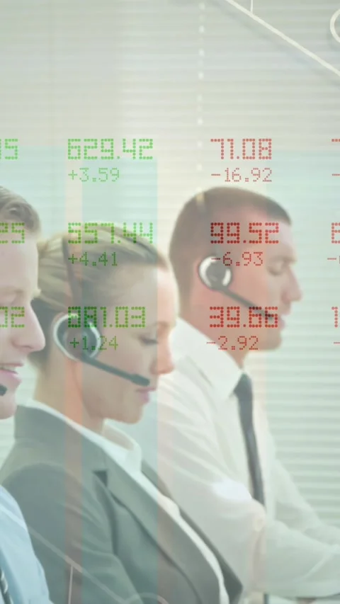 Animation of statistics and data processing over business people using phone Stock Footage 344594676