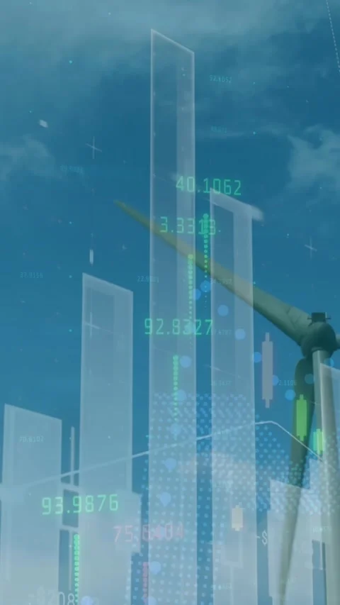 Animation of statistics and data processing over wind turbine on blue background Stock Footage 344706479