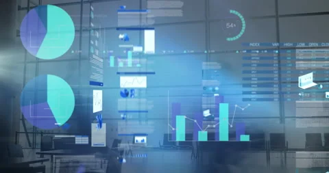 Animation of statistics and financial data processing over busy office Vidéo 144801873