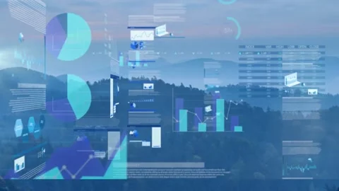 Animation of statistics and financial data processing over landscape on blue Stock Footage 155775179