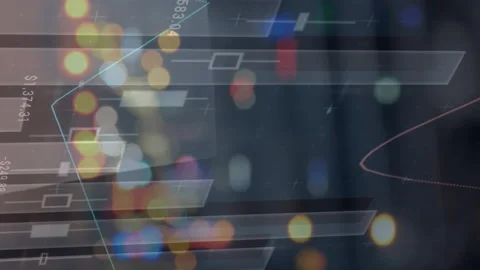 Animation of statistics and financial data processing over out of focus city Stock Footage 208274305