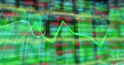 Animation of statistics and financial data processing with green line over grid Stock Footage 229830293