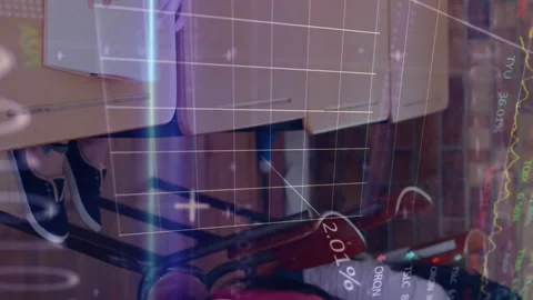 Animation of statistics and financial data processing over delivery man and van Stock Footage 314121785