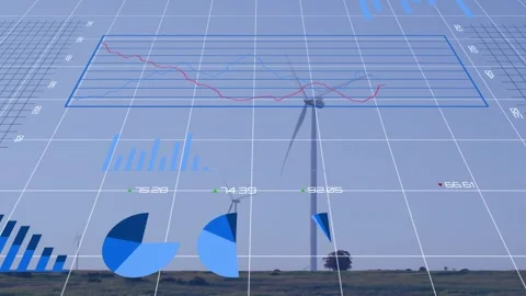Animation of statistics and financial data processing over wind turbines in Stockbeeldmateriaal 328407446