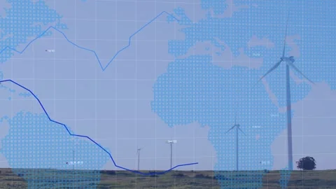 Animation of statistics and financial data processing over world map, wind Stock Footage 329413512
