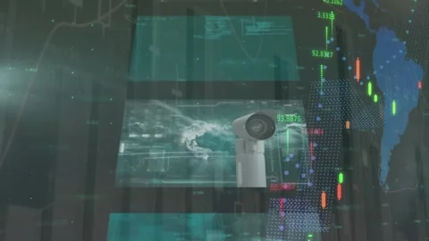 Animation of statistics and financial data processing over screens and world map Stock Footage 329987528