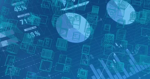 Animation of statistics and financial data processing over 3d cityscape drawing Stock Footage 330296560