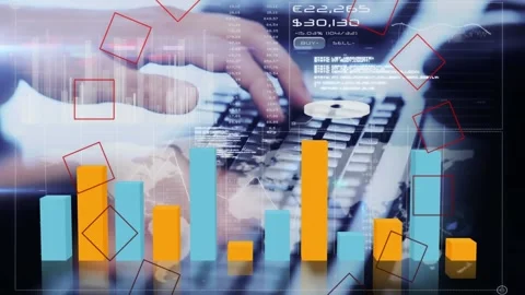 Animation of statistics and financial data processing over men using computer Vídeos de archivo 330732063