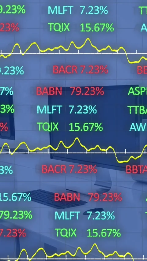 Animation of statistics and financial data processing over computers on desks in Stock Footage 343887991