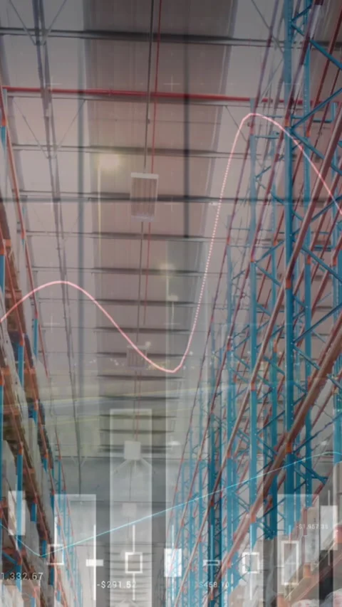 Animation of statistics and financial data processing over warehouse Stock Footage 344525185