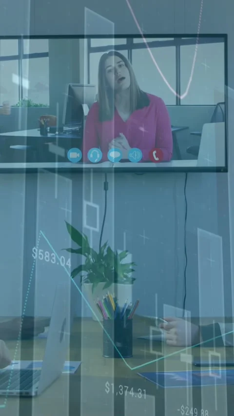 Animation of statistics and financial data processing over business people at Stock Footage 344613907