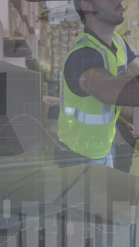 Animation of statistics and financial data processing over delivery man and van Stock Footage 344635661