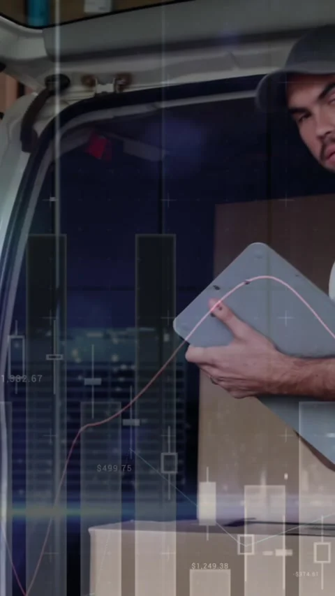 Animation of statistics and financial data processing over delivery man and van Stock Footage 344635671