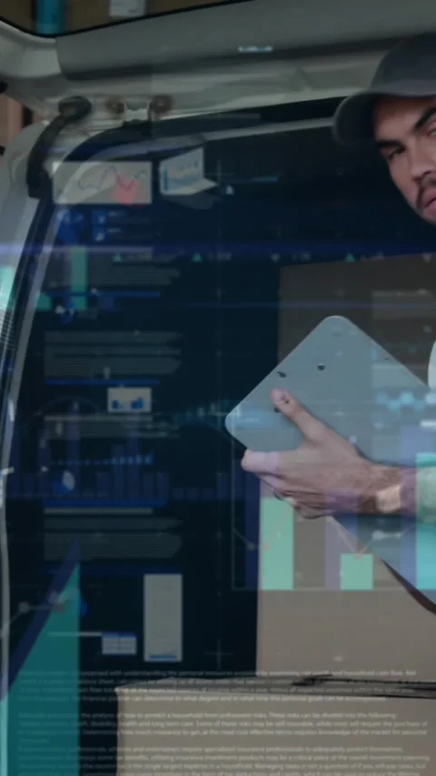 Animation of statistics and financial data processing over delivery man and van Stock Footage 344635672