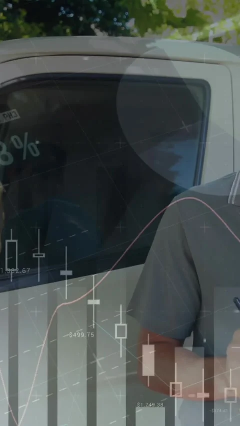 Animation of statistics and financial data processing over delivery man and van Stock Footage 344635674