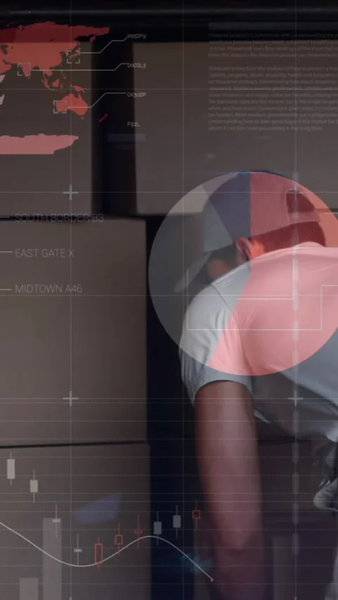 Animation of statistics and financial data processing over delivery man and van Stock Footage 344635676