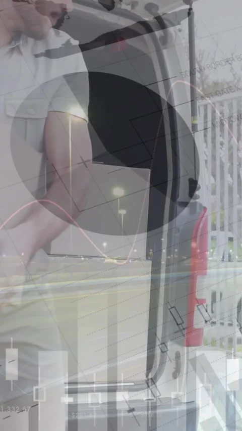Animation of statistics and financial data processing over delivery man and van Stock Footage 344635710