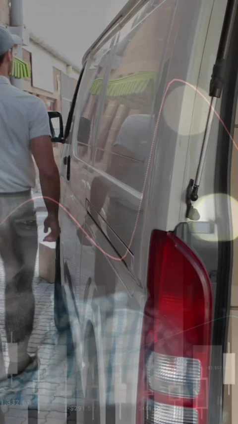 Animation of statistics and financial data processing over delivery man and van Stock Footage 344693053
