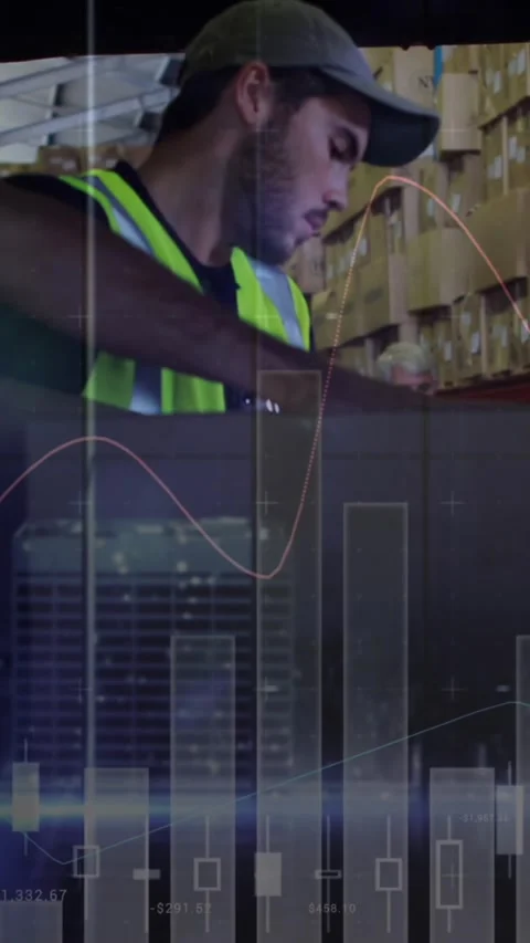 Animation of statistics and financial data processing over delivery man and van Stock Footage 344693055